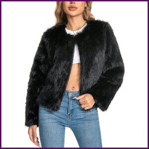 Plus Size Faux Fur Winter Coat with Pockets, Fluffy Jacket